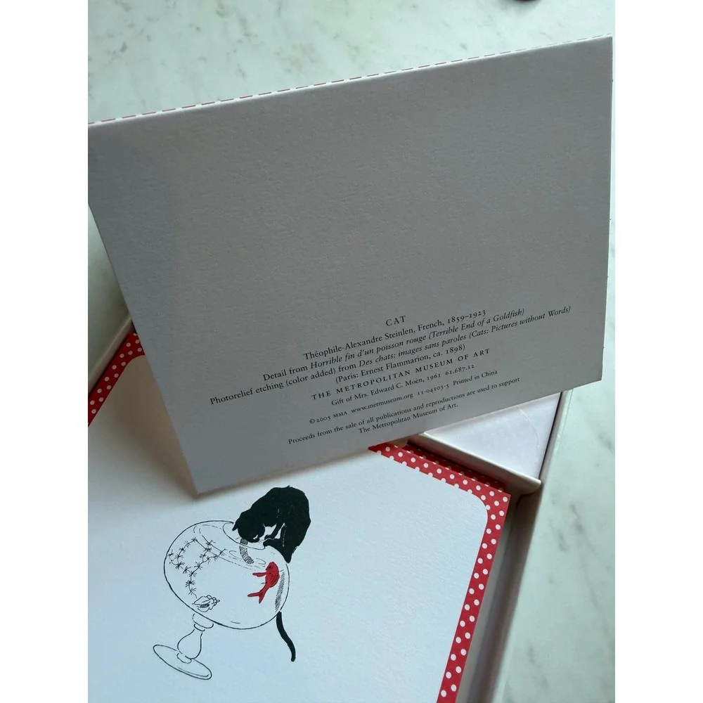 VTG Metropolitan Museum of Art Cat Note Cards Red White Polka Dot Stationery